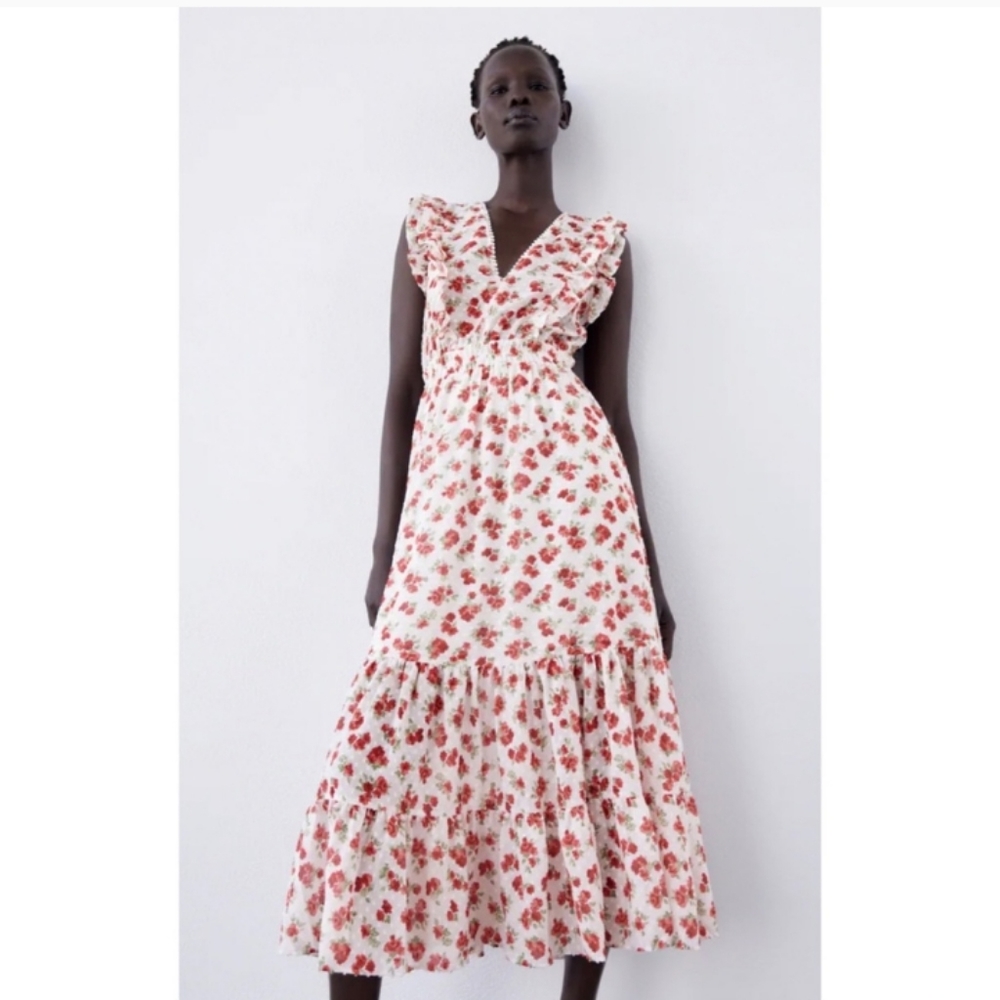 NWT Zara Red White Floral Midi Dress